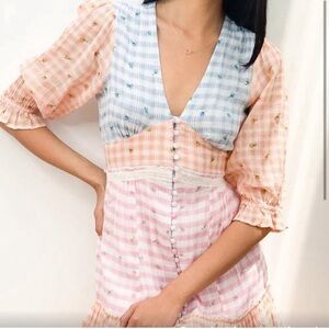 LoveShackFancy ruffle gingham Pastel Plaid pink yellow blue checkered midi dress